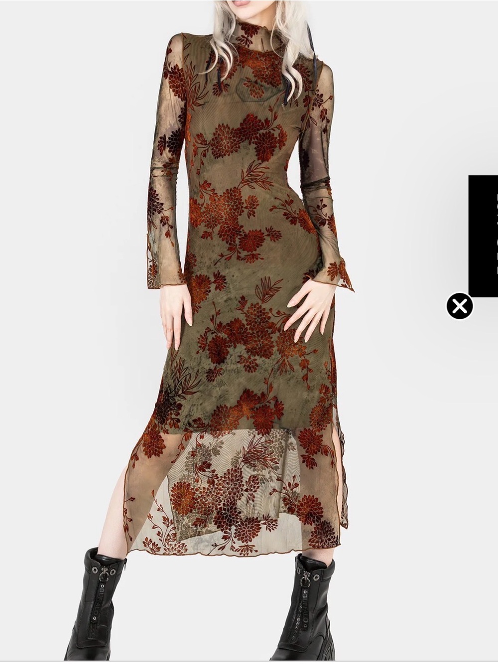 Disturbia Olive Green Sheer Floral Mesh Maxi Dress with Rust Accents
